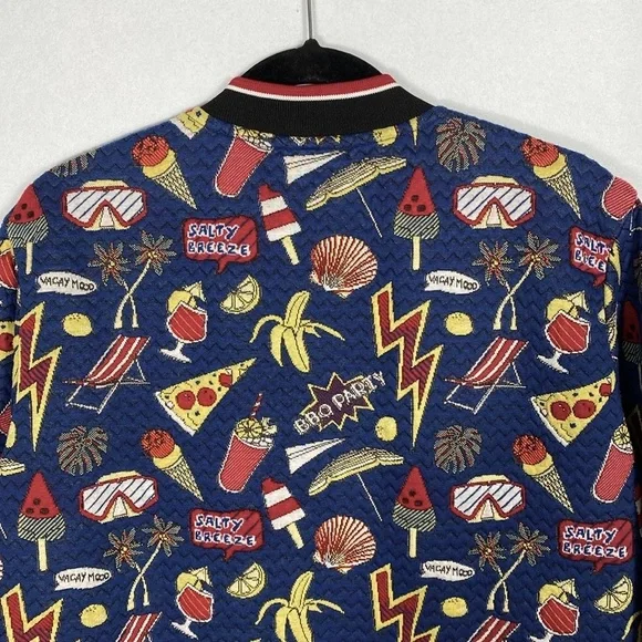 Zara Men’s Jacquard Blue Junk Food Graphic Bomber Jacket size large